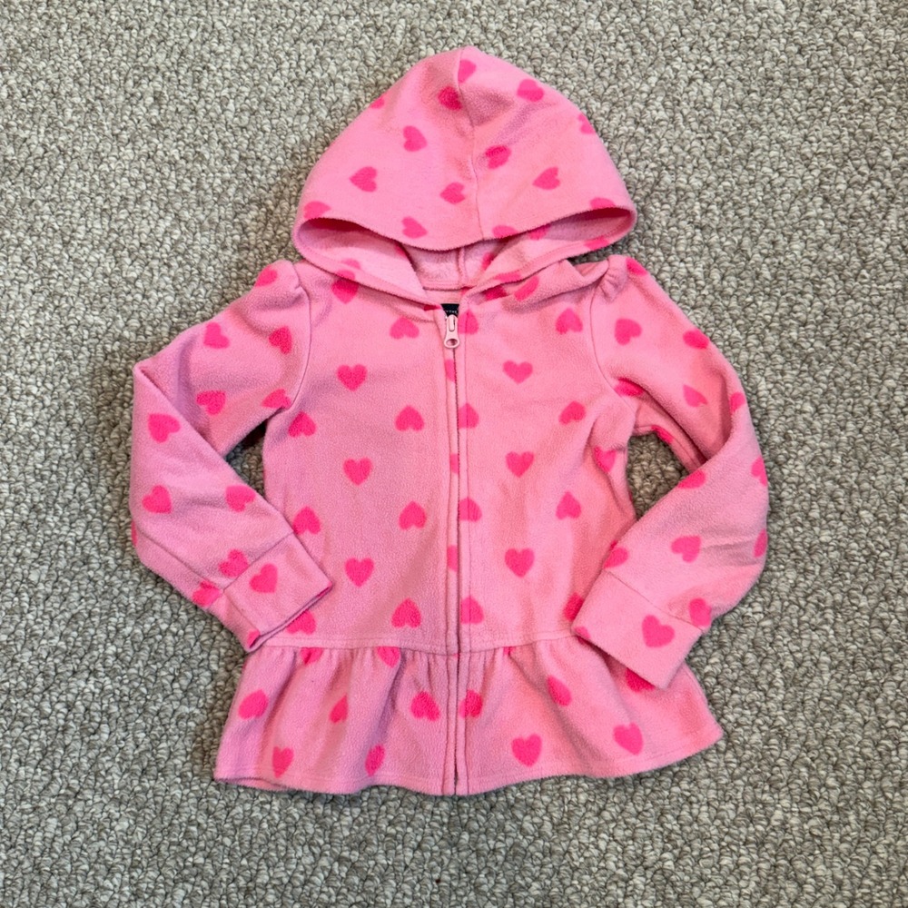 The Childrens Place Girls Pink Heart Fleece Peplum Zip Up Hoodie Jacket  Size 4T